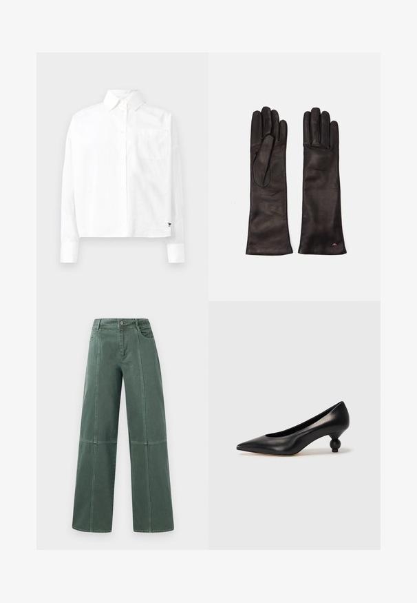 Balta ilgų rankovių marškiniai su apvaliu apykakle, viena krūtinės kišenė ir užlaidos rankovėse. Pagaminta iš glotnaus, lengvo audinio.; Tamsiai žali plačiakulkiai džinsai, turintys siūles, penkias kišenes ir mygtuką liemens srityje. Sklandus tekstūra ir patogus dizainas.; Juoda odinė aukštakulnė bateliai su smailiu pirštu ir apvaliu, iškiliu kulnu. Lygus paviršius su elegantišku, minimalistiniu dizainu.; Weekend Max Mara SENAPE - Pirštinės - nero