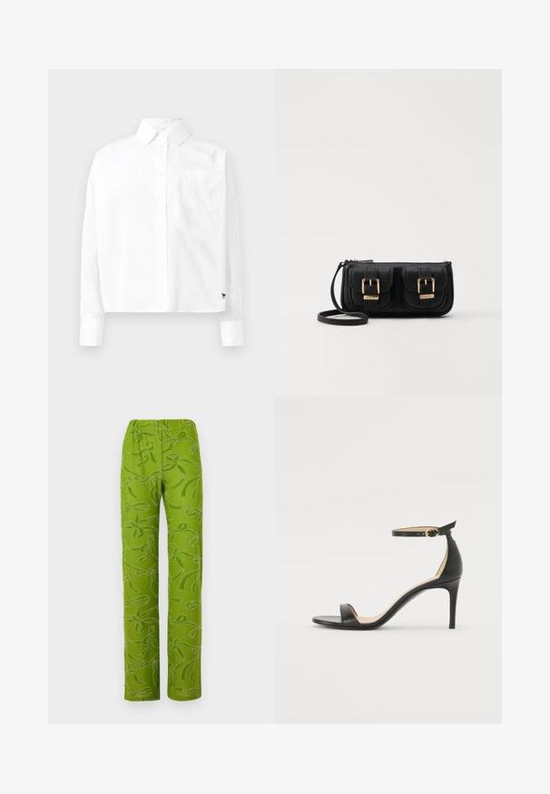 Bílá košile s dlouhým rukávem a knoflíkovým zapínáním, s špičatým límcem, jednou náprsní kapsou a manžetami. Vyrobena z hladké, lehké látky.; Stine Goya ELASTICATED STRAIGHT LONG PANTS - Kalhoty - green; Černá kožená sandálová bota na vysokém podpatku s páskem kolem kotníku. Vyznačuje se hladkým povrchem, otevřenou špičkou a tenkým podpatkem. Detail v zlatém tónu na sponě.; Černá kožená crossbody taška se dvěma předními kapsami, zlatými přezkami, zipovým uzávěrem a štíhlým popruhem. Texturovaný povrch a kompaktní obdélníkový tvar.
