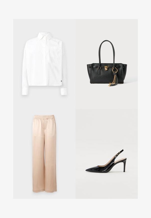 Balta garām piedurknēm pogājama krekla ar norādītu apkakli, vienu krūšu kabatu un aprocēm. Izgatavots no gludas, vieglas auduma.; Gai beige platno bikses ar plašiem kājiem, izgatavotas no gluda auduma, ar elastīgu jostu un minimālām šuvēm, ar taisnu griezumu un bez kabatām.; Melnas lakotās ādas slingback kurpes ar izteiktu degunu, šauru papēdi un smalku izgriezumu dizainu. Siksniņai ir zelta sprādze.; Melnas ādas rokassomu ar divām rokturiem, zelta slēdzi un ķēdes detaļu, kā arī melnbaltu pušķa aksesuāru uz balta fona.