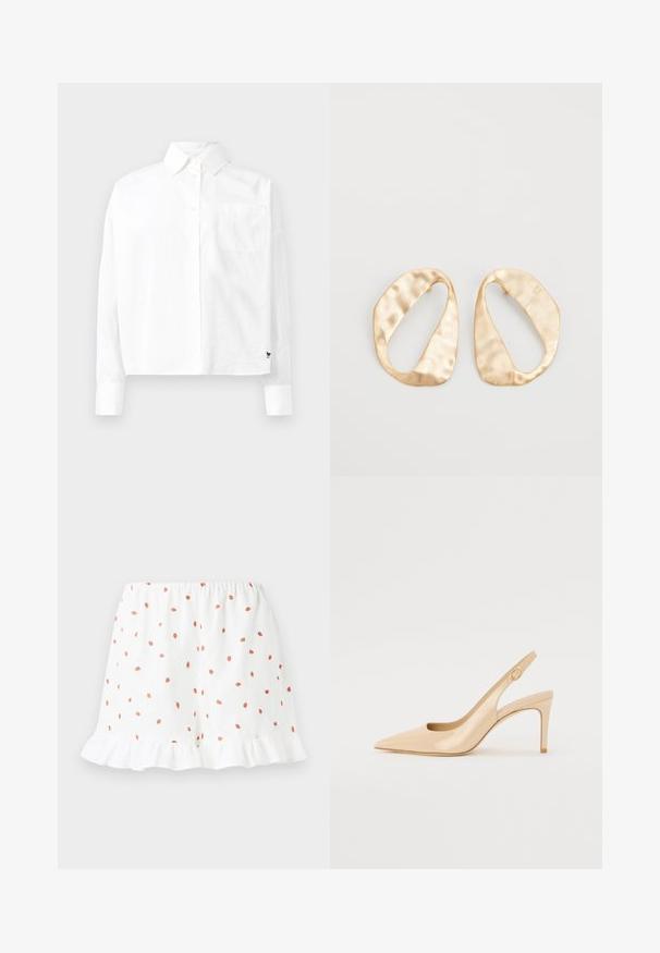 Vit långärmad skjorta med knappar och spetsig krage, en bröstficka och manschetter med knappar. Tillverkad av ett mjukt och lätt tyg.; Vita shorts med små röda jordgubbstryck över hela, volangkant och elastisk midja för komfort. Tillverkade av lättviktsmaterial.; Nude lackläder slingback-häl med spetsig tå, öppen vamp och en tunn stilettklack. Har en cirkulär guldaccents på remmen.; Ett par oregelbundna ovalformade örhängen i guldtonad metall med en strukturerad, något hamrad yta på en vit bakgrund.