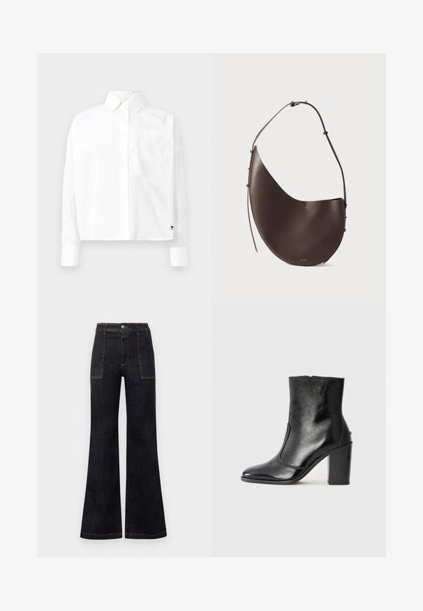 Valge pika varrukaga nööbiga särk, millel on terav krae, üks rinnatasku ja mansetid. Valmistatud siledast, kergekaalulisest kangast.; Kitsas tumedad teksad kõrge vöökoht, millel on oranž õmblus ja kaks esikot. Sile tekstuur, puhas viimistlus, klassikaline disain.; Must kõvale nahast pahklipsu saapad, millel on sile tekstuur, terav varvas ja paks kõrge kann. Omab külgavatust ja minimalistlikku disaini.; Pruun nahast käekott kumerate joontega, ühe rihmaga ja minimalistliku disainiga. Omab diskreetset logo ja kuldseid detaile.