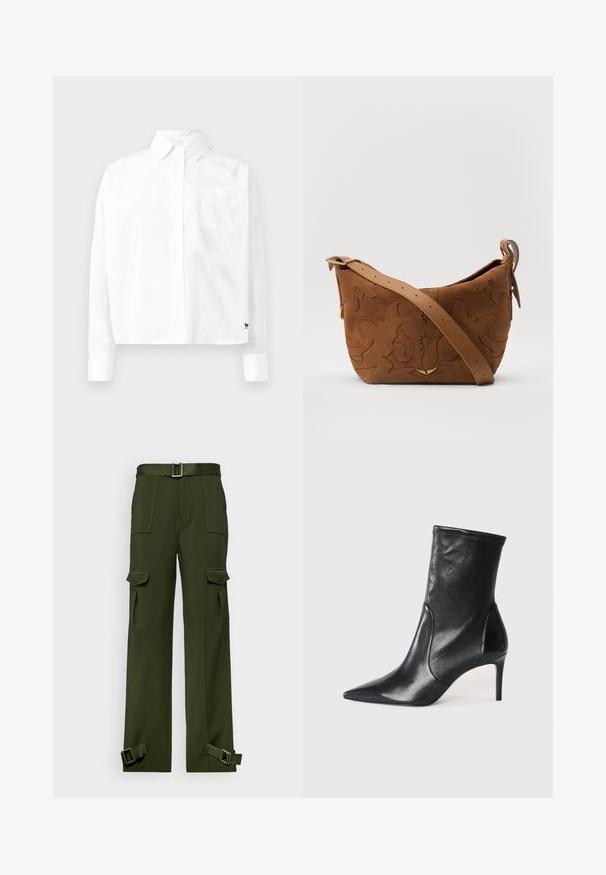 Balta garām piedurknēm pogājama krekla ar norādītu apkakli, vienu krūšu kabatu un aprocēm. Izgatavots no gludas, vieglas auduma.; Zaļas kravas bikses, kas izgatavotas no izturīgas auduma. Iezīmes ietver jostu viduklī, daudzas lielas kabatas un piepīpējamas siksnas pie potītēm.; Melnas potītes zābakus, kas izgatavoti no gludas ādas, ar norādītu purngaliņu, pieguļošu kāju un šauru augstu papēdi. Minimalistisks dizains bez redzamiem aksesuāriem.; Brūns zamšs plecu soma ar iegravētu ziedu dizainu, papildināta ar gludu brūnu ādas siksnu un zelta toņa detaļām.