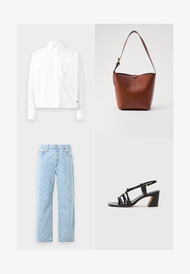 White long-sleeve button-up shirt with a pointed collar, single chest pocket, and cuffed sleeves. Made of smooth, lightweight fabric.; Light blue straight-leg jeans with subtle zebra stripe pattern, button and zip closure, and five-pocket design.; Paul Smith AMIRA - Classic heels - black; Brown leather shoulder bag with a curved shape, smooth texture, and a single thin strap. Features a subtle seam and a small logo detail.