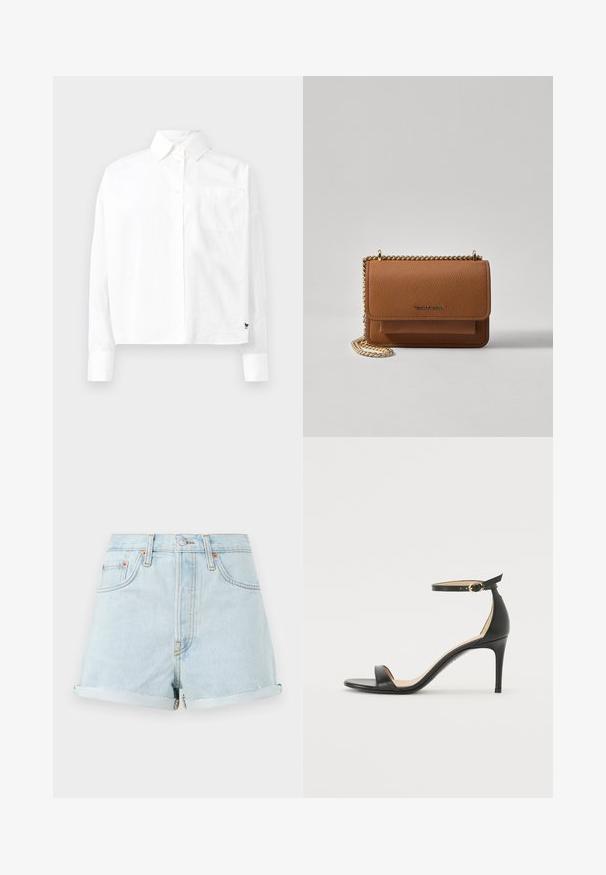 Balta ilgų rankovių marškiniai su apvaliu apykakle, viena krūtinės kišenė ir užlaidos rankovėse. Pagaminta iš glotnaus, lengvo audinio.; Šviesiai mėlyni džinsiniai šortai su aukšta juosmens linija, apverčiamomis rankovėmis, vario smeigėmis ir priekiniais užtrauktukais. Yra klasikinis penkių kišenių stilius.; Juodos oda aukštakulniai sandalai su kulkšnies dirželiu. Pasižymi lygiu paviršiumi, atviru pirštu ir plonu kulnu. Auksinės spalvos sagties detalė.; Ruda tekstūruota odinė per petį nešama rankinė su auksiniu grandininiu dirželiu ir užlenkiamo užsegimo. Priekinėje pusėje yra logotipo detalė ir kišenė po užlenkimu.