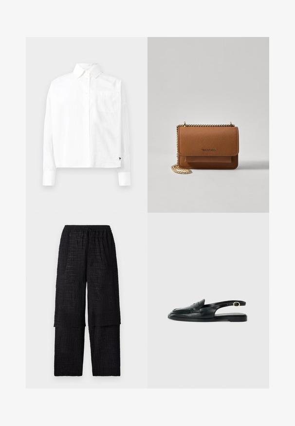 White long-sleeve button-up shirt with a pointed collar, single chest pocket, and cuffed sleeves. Made of smooth, lightweight fabric.; Henrik Vibskov SHANTS PANTS - Trousers - black; Black leather slingback shoe with a rounded toe, flat sole, side cutout, and strap featuring a gold-tone hardware detail.; Brown textured leather crossbody bag with gold chain strap and flap closure. Front features logo detail and a pocket under the flap.