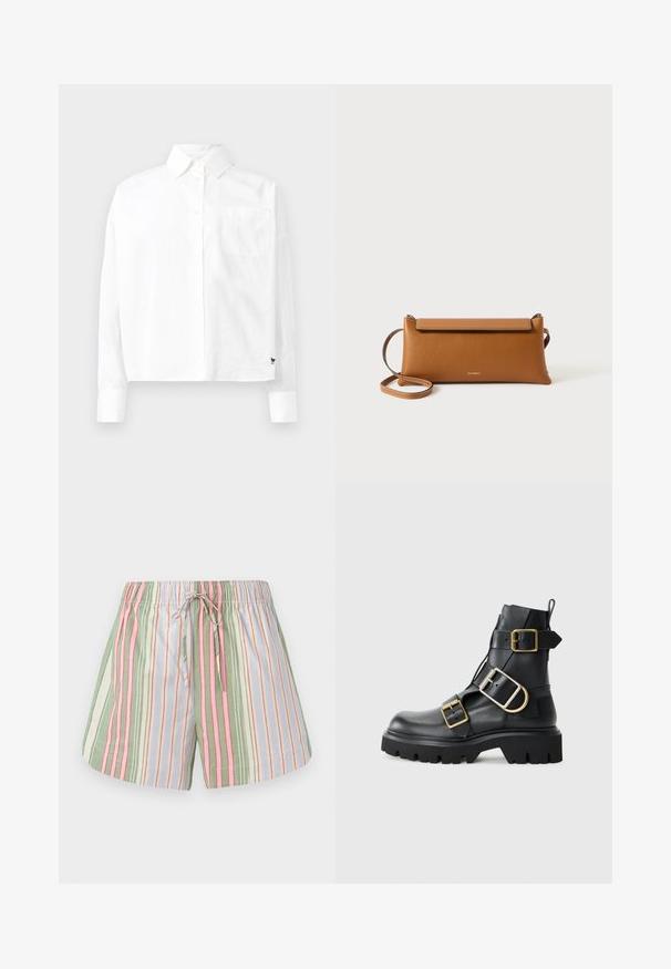 Hvid langærmet skjorte med knaplukning, spids krave, enkelt brystlomme og manchetter. Lavet af glat, let stof.; Stribede bomuldsbukser med snoretræk i taljen. Har grønne, pink, lilla og cremefarvede lodrette striber. Blød tekstur, afslappet pasform.; Sort læder ankelstøvle med kraftig sål, der har flere stropper og gyldne hardware-detaljer. Glat tekstur, robust design.; Brun læder clutch taske, rektangulær form, tekstureret overflade, aftagelig rem, lynlås lukning, diskret logo præget på forsiden.