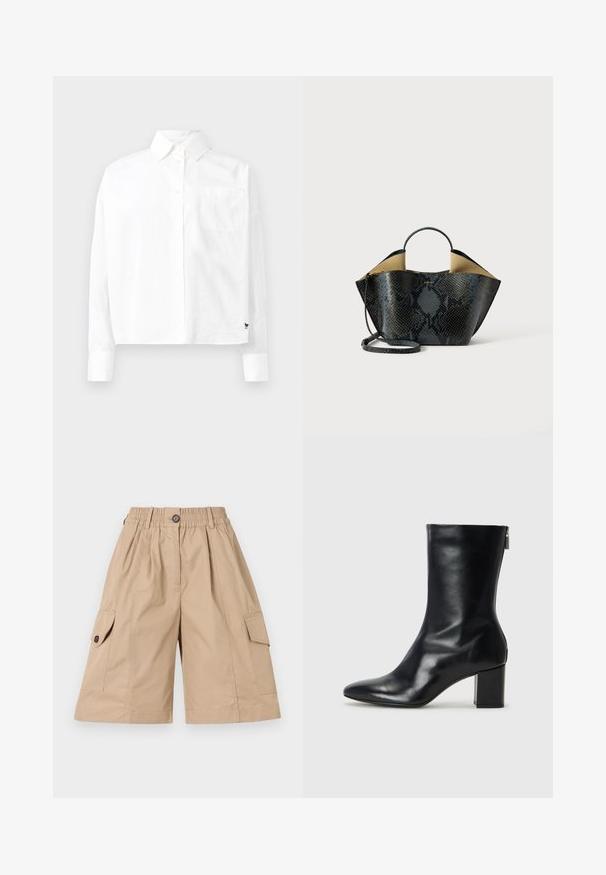 Valkoinen pitkähihaista nappipaitaa, jossa on kärjellinen kaulus, yksi rintatasku ja käänteet hihansuissa. Valmistettu sileästä, kevyestä kankaasta.; Beige cargo shorts dengan pinggang elastis, penutupan kancing, dua saku samping, dan dua saku cargo yang dilengkapi flap dan aksen kancing.; Musta nahkainen nilkkuri, jossa on terävä kärki ja 4 cm:n lohkokorko. Tyylikäs muotoilu sisältää sivuvetoketjun helppoa pukeutumista varten. Siro pinta.; Käsilaukku med sort og grå slangeskinsmønster med en struktureret design, dobbelte håndtag og en justerbar skulderrem. Har en beige inderside.
