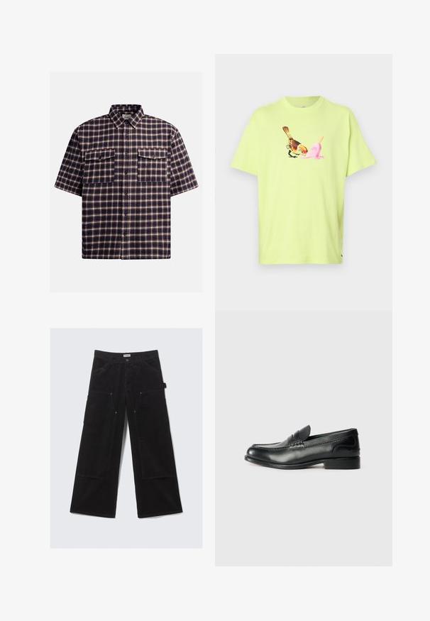 Kortermet rutete skjorte i mørk marineblå og burgunder, med et rutenettmønster, to brystlommer og knapping foran.; Limegrønn bomull T-skjorte med grafikk av en fugl og en rosa iskremkonus, med en enkel rund hals og korte ermer.; Svart vide cordbukser i kordfløyel med store framlommer og beltehekter, utstyrt med knapp- og glidelås-lukking.; Sorte lærloafers med en glat overflade, syede detaljer over vamps og en let hævet hæl.