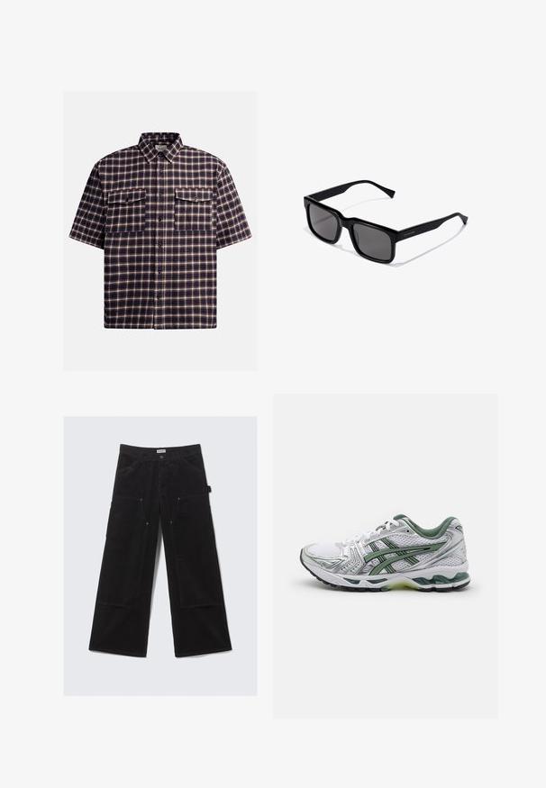 Koszula w kratę z krótkim rękawem w ciemnym granacie i bordo, z wzorem w kratkę, dwoma kieszeniami na piersi i zapięciem na guziki.; Czarne szerokie spodnie z korduroju z dużymi przednimi kieszeniami i szlufkami na pasek, z zapięciem na guzik i zamek błyskawiczny.; Białe buty do biegania z srebrnymi akcentami, zielonym siateczkowym kołnierzem i zielonymi paskami. Posiadają teksturowaną siateczkę na cholewce oraz amortyzowaną podeszwę.; Czarne prostokątne okulary przeciwsłoneczne z ciemnymi soczewkami; błyszcząca plastikowa oprawa z prostymi zausznikami i subtelnym logo po boku.; Srebrny zegarek ze stali nierdzewnej z okrągłą białą tarczą, czarnym bezel tachymetrycznym, zielonymi akcentami i bransoletą z metalowych ogniw.