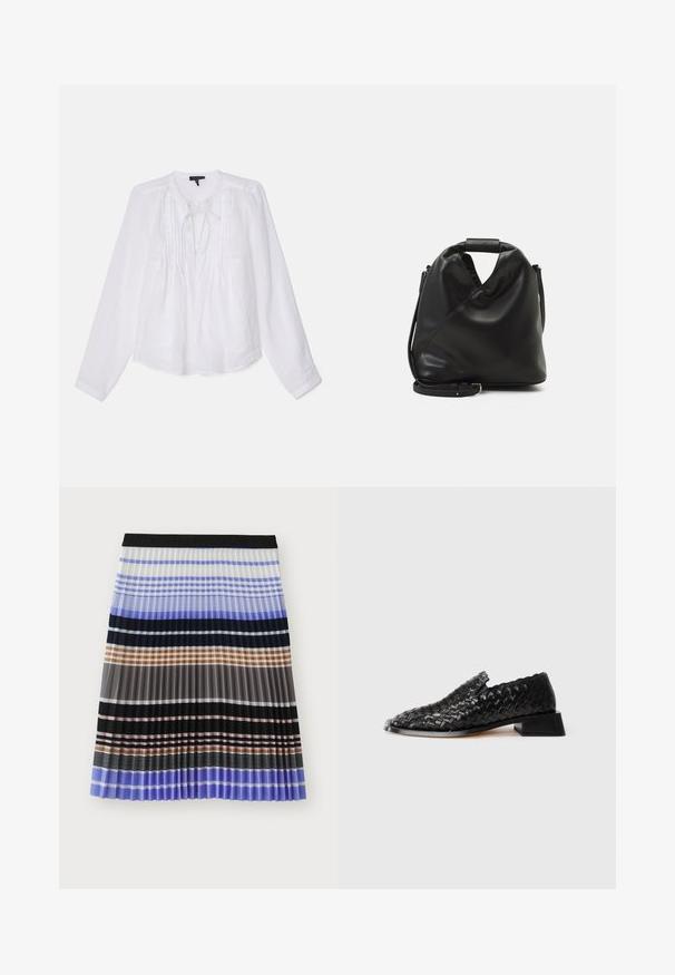 rag & bone AMARIS - Palaidinė - white; MUNTHE MARMING - Trapecinis sijonas - multi-coloured; Juoda odinė pinta neslystančio pado batų pora su žemu blokiniu kulnu ir banguotu kraštu, pristatyta ant balto fono.; Juodas, minkštas odinis krepšys su unikaliu išsuktiniu dizainu. Yra trumpas rankenas ir nuimamas peties diržas. Minimalistinis stilius.