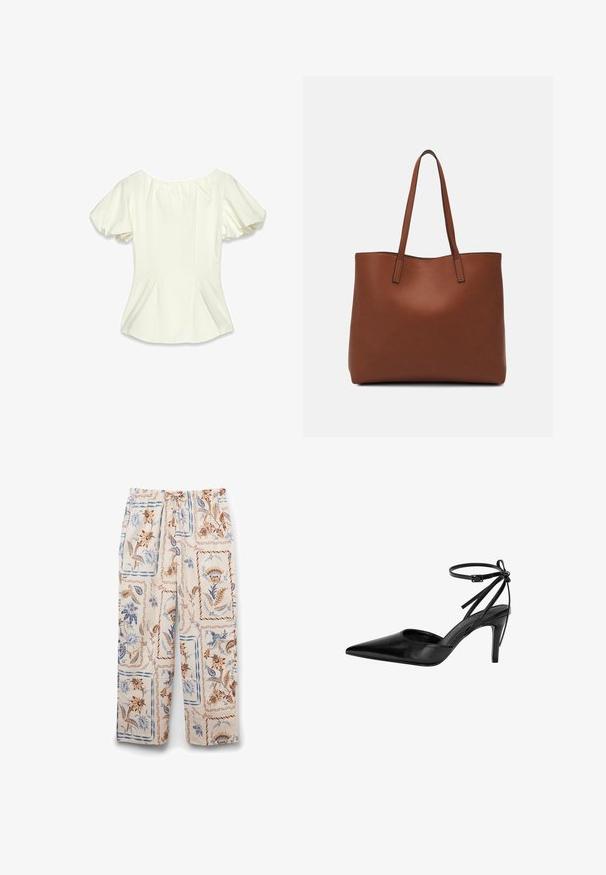 Cremfarbene Bluse mit kurzen Puffärmeln, gerafftem Ausschnitt und seitlichen Falten, aus glattem Stoff mit weicher Textur.; Leichte, cremefarbene Schlafanzughosen mit einem floralen Muster in Braun und Blau, elastischem Bund und lockerer Passform.; Schwarzer spitzer High Heel mit einem ausgeschnittenen Design und verstellbarem Knöchelriemen. Der Schuh hat eine glatte, glänzende Oberfläche und einen schlanken Absatz.; Braune Leder-Tote mit glatter Textur, offenem Oberteil und zwei Schulterriemen. Verfügt über minimale Nähte und keine sichtbaren Beschläge.