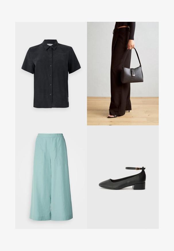 Lühiade varrukatega must särk, valmistatud pehmest kangast. Omab viit nööpi ees ja väikest sildi küljes.; Selle aqua värvi lai jalgadega püksid on valmistatud kergest kangast, millel on elastne vöökoht ja puhas, minimalistlik õmblustdetail.; Must mustaapp, millel on terav nina ja madal blokk-kand. Omab pahkluu rihma koos kuldse tooni pandlaga. Sile tekstuur.; Must musta kott, millel on struktureeritud kuju, sile tekstuur ja metallist klamber. Kombineeritud laiate mustade pükstega ja avatud varvaste sandaalidega puidust põrandal.