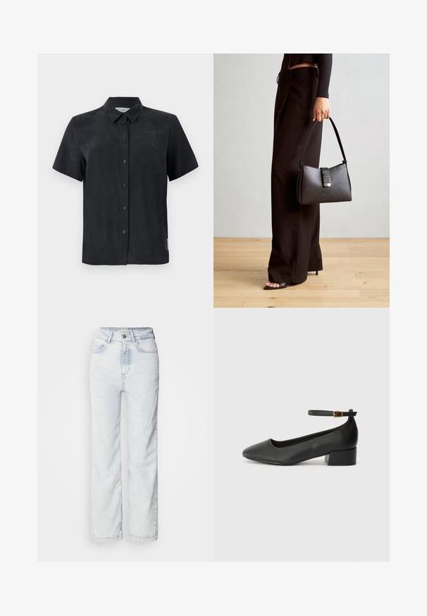 Juoda trumpos rankovės marškinėliai su apykakle, pagaminti iš minkštos medžiagos. Yra penki priekiniai mygtukai ir mažas ženklelis šone.; Šviesiai mėlynos aukšto liemens džinsus su tiesiu kirpimu, pagaminti iš džinsinio audinio. Yra mygtukų užtrauktukas, penkių kišenių dizainas ir subtilus nudėvėtas tekstūros efektas.; Juodas odinis aukštakulnis batelis su smailiu pirštu ir žemu bloku. Su kulkšnies dirželiu su auksinės spalvos sagtimi. Lygus paviršius.; Juodas rankinė struktūrizuota forma, lygi tekstūra ir metalinis užsegimas. Suporuota su plačiomis juodomis kelnėmis ir atvirais bateliais ant medinių grindų.