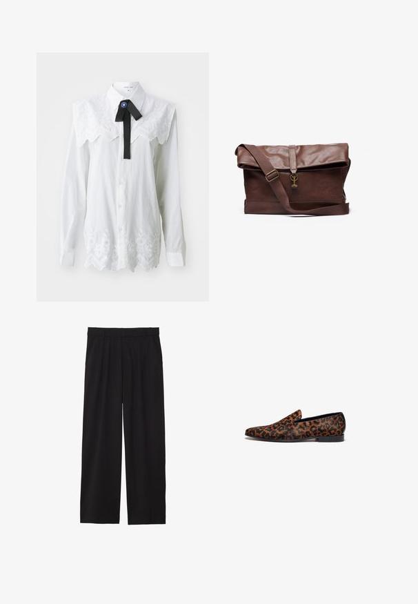 Weißes Hemd mit einem Kragen mit besticktem Blumenmuster, Spitzenverzierung und einer schwarzen Fliege mit blauer Applikation. Lange Ärmel.; Schwarze, weite Hose mit gefälteltem Vorderteil, seitlichen Taschen und einer glatten Stoffstruktur. Entworfen für eine entspannte Passform.; Leopardprint-Pantoletten mit einer eleganten Form, aus strukturiertem Material gefertigt, mit niedrigem Absatz und kontrastierenden schwarzen Akzenten.; Braune Leder-Umhängetasche mit einem umklappbaren Deckel, verstellbarem Tragegurt, Metallbeschlägen und glatter Oberfläche. Enthält einen Frontverschluss mit Schlaufe.; Quadratische Quarz-Armbanduhr mit einem weißen Zifferblatt, blauen Zeigern, römischen Ziffern, einem Datumsdisplay und einem schwarzen Lederarmband mit strukturiertem Finish.
