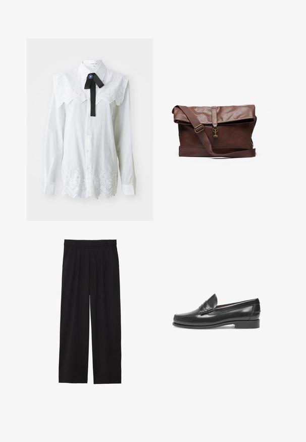 Camicia bianca con colletto decorato da ricami floreali, rifiniture in pizzo e un papillon nero con un'abellimento blu. Maniche lunghe.; Pantaloni neri a gamba larga con frontale plissettato, tasche laterali e una texture di tessuto liscia. Progettati per un fit comodo.; Mocassini di pelle nera con punta arrotondata, dettagli cuciti e una piccola fascia decorativa. Suola piatta con un leggero tacco. Texture liscia.; Borsa a tracolla in pelle marrone con pattina pieghevole, cinturino regolabile, accessori in metallo e finitura liscia. Include una chiusura frontale con un anello.