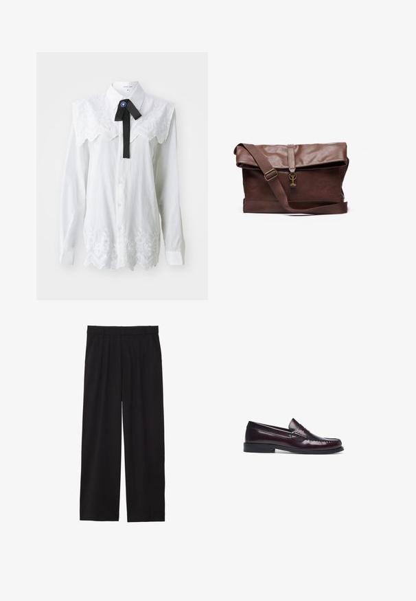 Weißes Hemd mit einem Kragen mit besticktem Blumenmuster, Spitzenverzierung und einer schwarzen Fliege mit blauer Applikation. Lange Ärmel.; Schwarze, weite Hose mit gefälteltem Vorderteil, seitlichen Taschen und einer glatten Stoffstruktur. Entworfen für eine entspannte Passform.; Kastanienbraune Lederloafers mit genähtem Zehenteil, flachem Absatz und glatter Oberfläche. Verfügt über ein klassisches Penny-Slot-Design auf dem Rist.; Braune Leder-Umhängetasche mit einem umklappbaren Deckel, verstellbarem Tragegurt, Metallbeschlägen und glatter Oberfläche. Enthält einen Frontverschluss mit Schlaufe.; Quadratische Quarz-Armbanduhr mit einem weißen Zifferblatt, blauen Zeigern, römischen Ziffern, einem Datumsdisplay und einem schwarzen Lederarmband mit strukturiertem Finish.