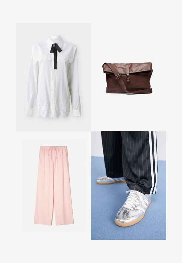 Fehér ing, hímzett virágmintás gallérral, csipke díszítéssel, fekete nyakkendő kiegészítővel és kék díszítéssel. Hosszú ujjak.; Világos rózsaszín, széles szárú nadrág, rugalmas derékrésszel és állítható zsinórral. Simább anyagból készült, laza fazonú.; Fémes ezüst színű sneaker cipők fehér fűzőkkel és három fehér csíkkal, fekete csíkozott nadrággal párosítva. Az alján gumi talp kiemelés.; Barna bőr messenger táska hajtogatott csappal, állítható pánttal, fém kiegészítőkkel és sima felülettel. Elülső zárómechanizmussal rendelkezik, amely egy hurkot tartalmaz.