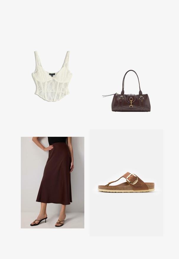Krajši korzetni top iz čipke v off-white barvi z nastavljivimi spaghetti naramnicami, ki ima cvetlične vzorce in strukturirano zasnovo s skalpeliranim robom.; Brahna, krilo iz satena do kolen z razširjenim krojem. Ima gladko teksturo in visok pas, v kombinaciji z črnimi sandalami na peto.; Rjav usnjen japonka s zlatim sponko in plitvim dnom; ima teksturirano bež podplat in minimalističen dizajn.; Temno rjava usnjena torbica z dvema zgornjima ročajema, zlatimi dodatki, podrobnostjo sprednjega zapiranja in šivanim teksturo na straneh.