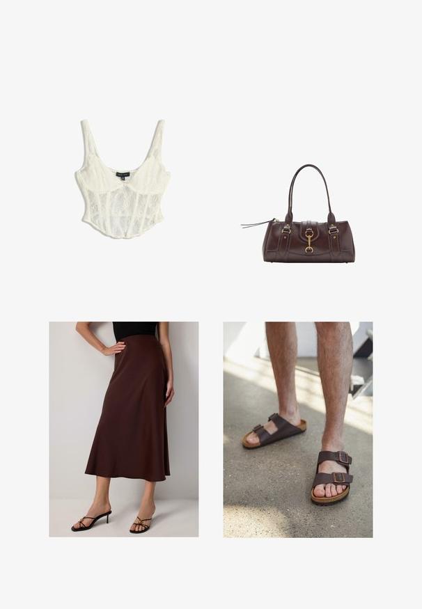 Lace cropped corsettopp i off-white med justerbara spaghettiband, med blommönster och en strukturerad design med scalloped kant.; Brun satinkjol i knälängd med en utsvängd silhuett. Den har en mjuk textur och en hög midjedesign, i kombination med svarta klacksandaler.; Bruna lädersandaler med två justerbara spännen, korkfotbädd och texturerad gummisula, bärs på bara fötter mot en betonggolv.; Mörkbrun läderhandväska med två topphandtag, guldfärgade detaljer, ett framklämma och stickade texturer på sidorna.