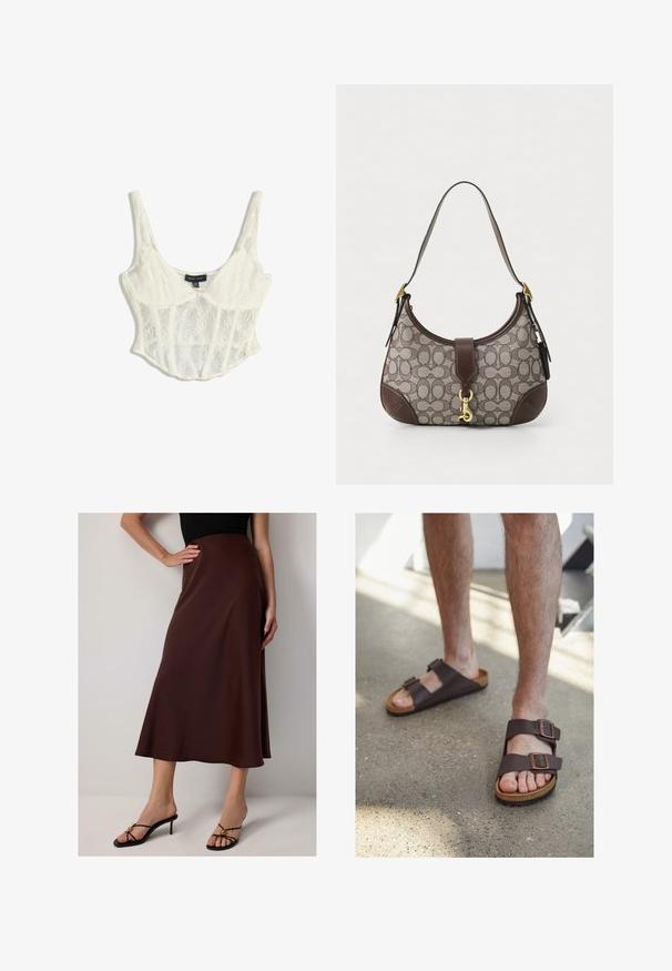 Lace cropped corset top in off-white with adjustable spaghetti straps, featuring floral patterns and a structured design with a scalloped edge.; Brown, knee-length satin skirt with a flared silhouette. It features a smooth texture and a high waist design, paired with black heeled sandals.; Brown leather sandals with two adjustable buckles, cork footbed, and textured rubber sole, worn on bare feet against a concrete floor.; COACH HAMPTONS HOBO BAG IN SIGNATURE JACQUARD - Handbag - oak maple