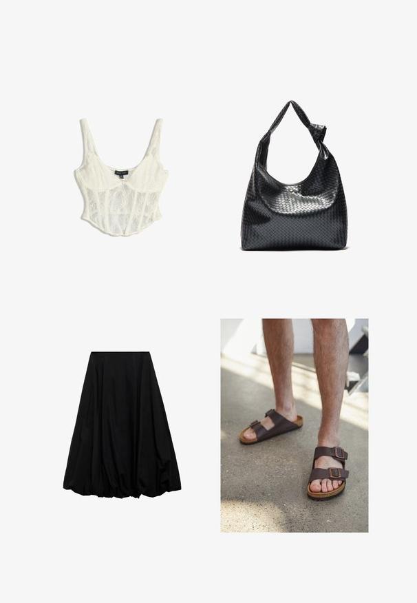 Lace cropped corset top in off-white with adjustable spaghetti straps, featuring floral patterns and a structured design with a scalloped edge.; Black midi skirt made from lightweight fabric, featuring a voluminous shape with gathered details at the hem and pleated design at the waist.; Brown leather sandals with two adjustable buckles, cork footbed, and textured rubber sole, worn on bare feet against a concrete floor.; Black woven leather handbag with a slouchy design, featuring a knotted strap and a small decorative gold stud at the top.