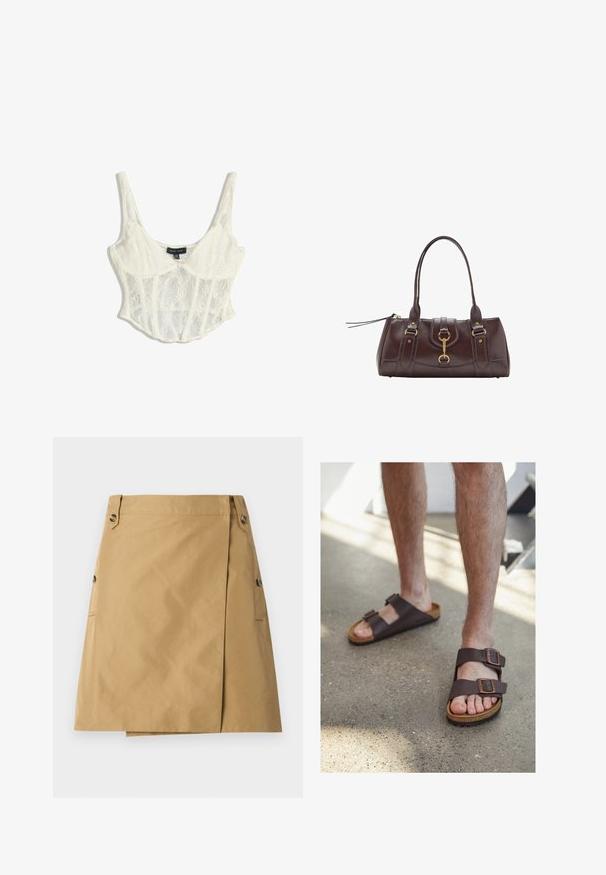 Top cu corset scurt din dantelă de culoare albă murdară, cu bretele ajustabile subțiri, având modele florale și un design structurat cu margine zimțată.; Fustă lungă dintr-un material neted, cu o overlay frontală, având două buzunare laterale și două nasturi pe talie.; Sandale din pielă maro, cu două catarame ajustabile, talpă din plută și talpă din cauciuc texturat, purtate pe picioarele goale pe un podea de beton.; Geantă de mână din piele maro închis, cu două mânere superioare, accente de hardware aurii, un detaliu de închidere frontală și texturi cusute pe laturi.