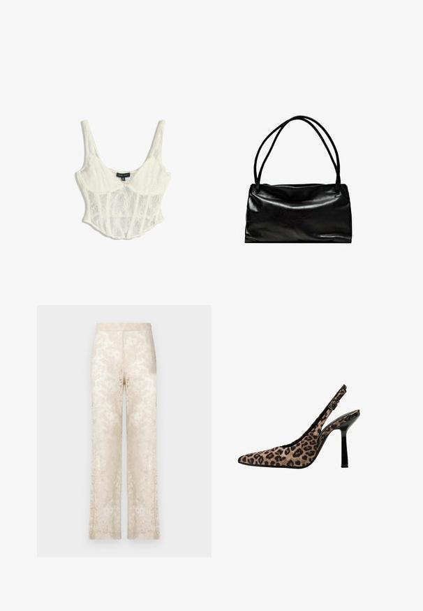 Top corset court en dentelle blanc cassé avec bretelles spaghetti ajustables, présentant des motifs floraux et un design structuré avec un bord festonné.; Pantalons larges en dentelle de couleur crème, présentant des motifs floraux intriqués et une surface texturée. Taille élastique pour le confort.; Escarpins à bride arrière en imprimé léopard avec un bout pointu, des accents en vernis noir, un talon haut fin et une sangle réglable. Matériau synthétique.; Sac en cuir noir avec une texture lisse, de forme rectangulaire et deux longues poignées. Design simple sans matériel ou embellissements visibles.