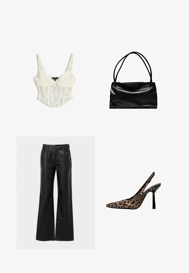 Koronkowy krótki top w kolorze off-white z regulowanymi ramiączkami typu spaghetti, z kwiatowymi wzorami oraz usztywnioną konstrukcją z falbaniastym wykończeniem.; Czerny skórzane spodnie w stylu dzwonów o gładkiej teksturze, z metalowym zapięciem i przednimi kieszeniami. Charakteryzują się wysokim stanem i dopasowanym krojem.; Sandały na obcasie w leopardzi wzór z ostrym noskiem, czarnymi lakierowanymi akcentami, cienkim wysokim obcasem i regulowanym paskiem z klamrą. Materiał syntetyczny.; Czarna skórzana torba o gładkiej fakturze, prostokątnym kształcie i dwóch długich uchwytach. Prosty design bez widocznych elementów metalowych czy ozdób.