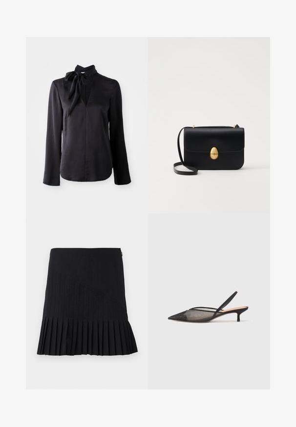 Musta pitkähihaine paita sileästä kankaasta, jossa on V-pääntie ja sidottu kaulusyksityiskohta. Ominaisuuksiin kuuluu suora leikkaus ja huomaamattomat ommelkoristukset.; Mustat laskostetut hameet, joissa on ommellut diagonaaliset paneelit, tiukka vyötärö ja levenevä helma. Materiaalit näyttävät kevyiltä ja sileiltä.; NEOUS IRENA - Avokkaat - black; Musta nahkakäekott struktureeritud ristküliku kujuga. Varustatud kuldse ovaalse lukuga ja õhukese õlalindiga. Sile tekstuur.