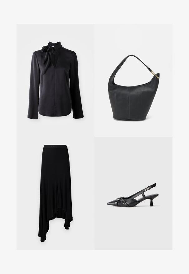 Must mustaga pikkade varrukatega pluus siledast kangast, millel on V-kaelus ja sidumisdetail krael. Toode on sirge lõikega ja sisaldab peeneid õmblusaktsente.; Must tumeeriliste servadega asümmeetriline seelik, mis on valmistatud pehmest ja venivast materjalist, laia vöökohtadega koos reliefse brändimisega.; Must must have must toote tõmblukuga, dekoratiivsed rihmad metallist silmadega ja madal blokk-kand. Tekstureeritud pind.; Musthave musta nahast käekott ümarate servadega, laia rihmaga ja tekstureeritud pinnaga. Omab peenelt õmblust detailina ning kullatooni aksessuaare.