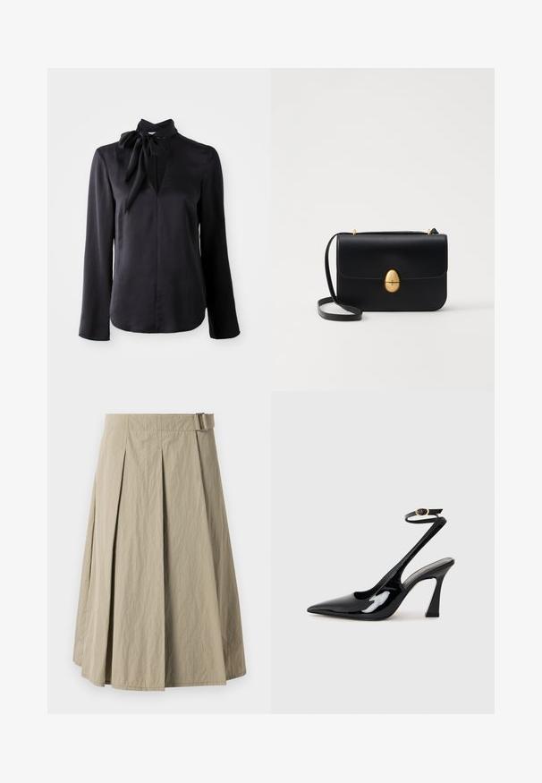 Blusa preta de mangas longas em tecido suave com decote em V e detalhe de gola amarrada. Apresenta corte reto e sutis realces de costura.; Saia plissada bege com uma textura suave, apresentando um passante para cinto e um formato em A, desenhada com um corte até ao joelho.; Sapatilhas de salto alto em verniz preto, com bico afiado, tiras ajustáveis no tornozelo e um salto quadrado moderado. Textura suave com acabamento brilhante.; Bolsa de mão em couro preto com uma forma rectangular estruturada. Apresenta um fecho oval dourado e uma alça para o ombro fina. Textura suave.