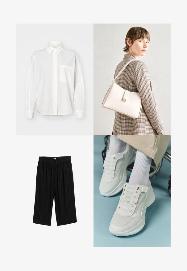 Vit långärmad skjorta med krage som knäpps, knappstängning fram och bröstficka till vänster. Tillverkad av mjukt tyg med en avslappnad passform.; Svarta culottebyxor med elastisk midja, med sidofickor och ett mjukt, lätt tyg. Designen är lös och ledig.; Vita sneakers med nätmaterial, gummisula, snörningsfri design med elastiska band och guldfärgade detaljer.; Vit läderhandväska med en strukturerad design, med en magnetknäppning och en axelrem, visad mot en neutral bakgrund.