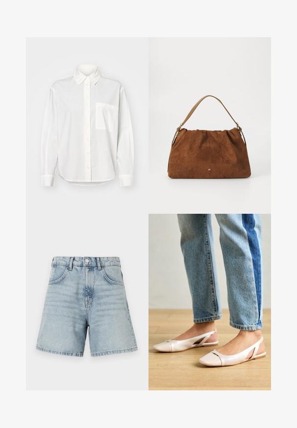 Valge pika varrukaga särk, millel on nööpidega kaelus, ees nööpide sulgemine ja vasakul rinnatasku. Valmistatud siledast kangast, millel on mugav lõige.; Heledad sinine teksatooted kõrge vöökohaga, viie tasku disainiga ja töötlemata servadega. Kanga värvil on kerge hägustumine ja nähtavad õmblusdetailid.; Kahvatu roosa slingback lapikute jalatsite paar, millel on terav varvas, valmistatud siledast nahataolisest materjalist. Omab külgedel lõikekohti ja lapikut kontsa.; Pruun nubukist käekott, millel on kokku tõmmatud disain, ühesaanvärvilise naha rihmaga ja esiküljel peen kuldne logo detail.