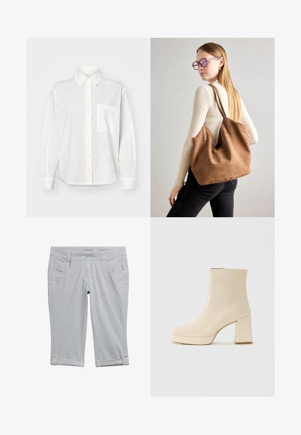 Chemise blanche à manches longues avec col boutonné, fermeture à boutons à l'avant et poche poitrine gauche. Fabriquée en tissu lisse avec une coupe décontractée.; Pantalons capri rayés en gris clair et blanc. Comprend une fermeture à bouton, quatre poches et des ourlets roulés avec des accents de bouton. Texture de tissu douce.; Botte chelsea en cuir beige avec un talon bloc et une semelle à plateforme, finition lisse et pointe légèrement carrée, tournée vers la gauche sur un fond blanc.; Sac fourre-tout en daim marron avec une texture douce, grande ouverture et longues sangles. Présente un design simple avec des coutures visibles et sans matériel.