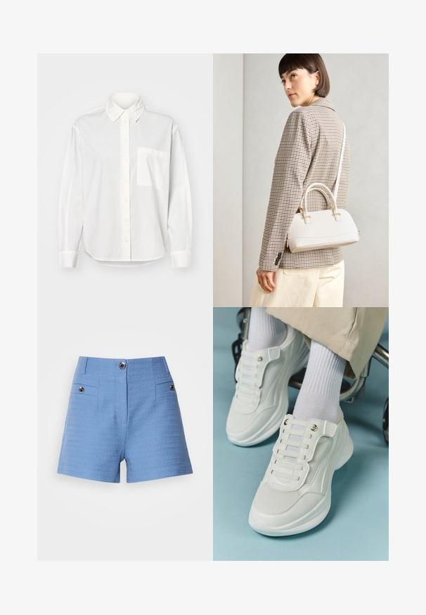 Balta ilgomis rankovėmis marškiniai su knopkuojama apykakle, priekiniais knopkuoja ir kairiajame krūtinės kišenėje. Pagaminta iš lygaus audinio su laisvu siluetu.; Mėlyni austa šortai su aukštu juosmeniu, dviem priekinėmis kišenėmis ir dekoratyviniais sagos akcentais. Tekstūruota medžiaga su lygiu paviršiumi.; Baltos sportbačiai su tinklelio medžiaga, guminiais padais, be raištelių dizainu su elastinėmis juostelėmis ir auksinėmis detalėmis.; Balta struktūruota rankinė su trumpomis rankenomis ir peties diržu, su auksinėmis detalėmis ir tekstūruota medžiaga, pastatyta prieš pilką foną.