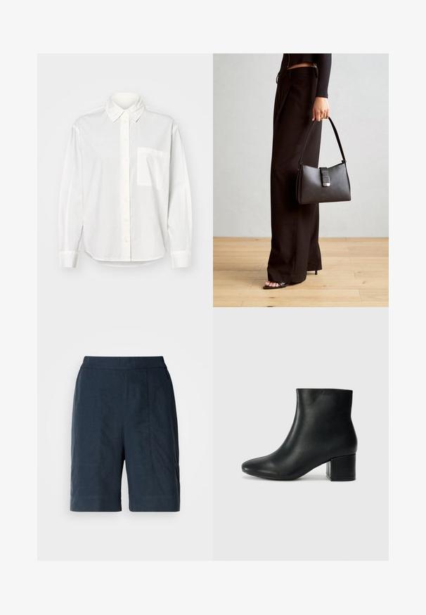 Hvit langermet skjorte med krage med knapper, frontlukking med knapper og lomme på venstre bryst. Laget av glatt stoff med en avslappet passform.; Mørkeblå shorts laget av lett materiale, med rett snitt, to frontlommer og subtile sømdetaljer.; Sorte skinn ankelsko med spiss tå og chunky hæl. Glatt tekstur med minimale detaljer og et elegant, tettsittende design.; Svart håndveske med strukturert form, jevn tekstur og metallisk lås. Kombinert med brede svarte bukser og sandaler med åpen tå på tregulv.