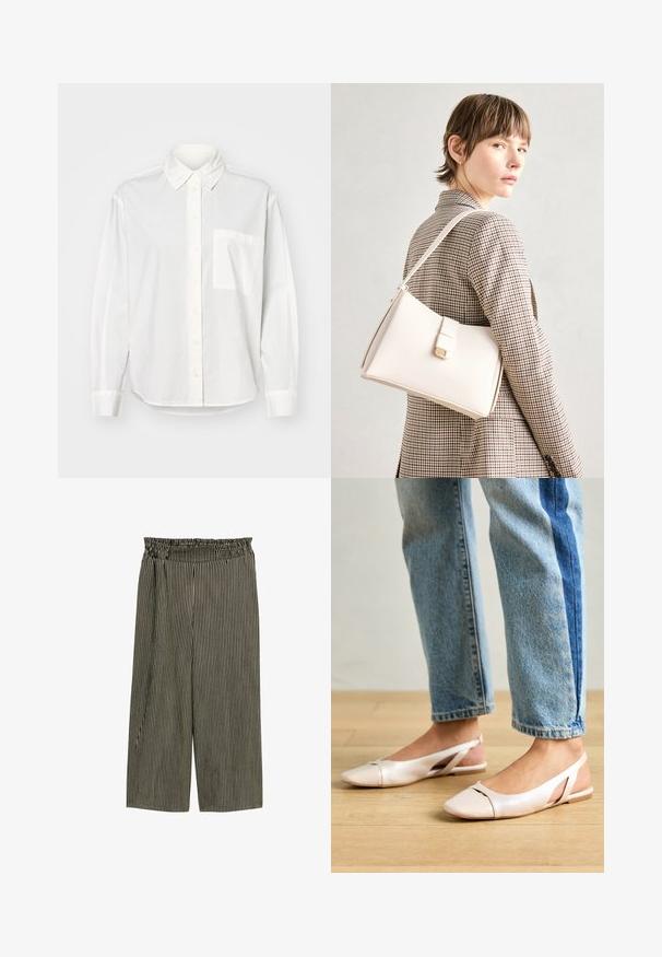 Fehér, hosszú ujjú ing, gombos gallérral, elöl gombos záródással és bal oldali mellzsebbel. Sima anyagból készült, laza szabással.; Csíkos nadrág rugalmas derékkal, fekete és krém színekben. Széles lábú fazon, középmagas hosszúságban, sima textúrával.; Világos rózsaszín slingback laposlábú cipők, hegyes orral, sima bőrhatású anyagból készült. Oldalt kivágott részletek találhatók rajta, valamint lapos sarkú.; Fehér bőr táska strukturált dizájnnal, mágneses záródással és vállpánttal, semleges háttér előtt bemutatva.