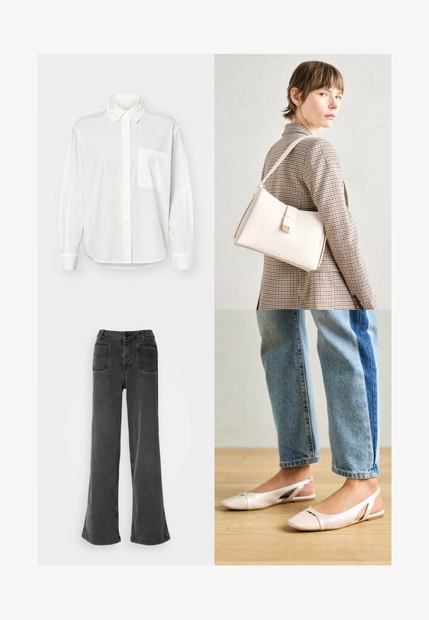 White long-sleeve shirt with a button-down collar, front button closure, and a left chest pocket. Made of smooth fabric with a relaxed fit.; High-waisted, wide-leg black jeans made from denim, featuring a button fly, belt loops, and two rear pockets with stitched accents.; Pale pink slingback flats with a pointed toe, made from a smooth leather-like material. Features cut-out details at the sides and a flat heel.; White leather handbag with a structured design, featuring a magnetic clasp and a shoulder strap, showcased against a neutral background.