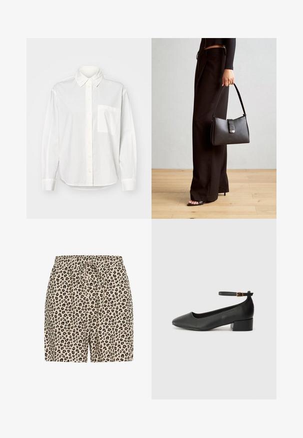 Bijela košulja dugih rukava s ovratnikom na dugme, prednjim zatvaranjem na dugmad i lijevim džepom na prsima. Izrađena od glatkog materijala s opuštenim krojem.; Bermude s leopard uzorkom u bež boji s crnim i smeškim mrljama. Imaju elastičnu sredinu s vezicom za podešavanje. Lagani materijal.; Crne kožne pumpe s oštrim vrhom i niskom blok petom. Sadrže remen oko gležnja s zlatnim kopčanjem. Glatka tekstura.; Crna torba s oblikom koji sadrži strukturu, glađu teksturu i metalnu kopču. Uparena s širokim crnim hlačama i sandalama na otvorenom s drvenog poda.