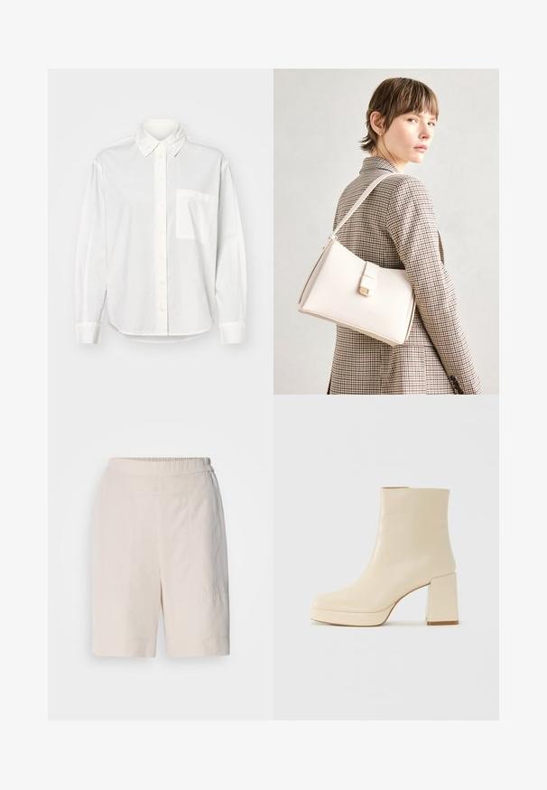Bela srajca z dolgimi rokavi in gumbastim ovratnikom, sprednjim zapiranjem na gumbe in žepom na levi strani prsnega dela. Narejena iz gladkega materiala s sproščenim krojem.; Kremne kratke hlače z udobnim krojem, z ravnim sprednjim delom, elastičnim pasom in diskretno šivanjem na straneh.; Bež usnjena gležnjarica z blok peto in platformo, gladka površina in rahlo kvadratni prst, obrnjena levo na belem ozadju.; Bela usnjena torba s strukturirano zasnovo, opremljena z magnetnim zapiranjem in naramnico, prikazana na nevtralni ozadju.