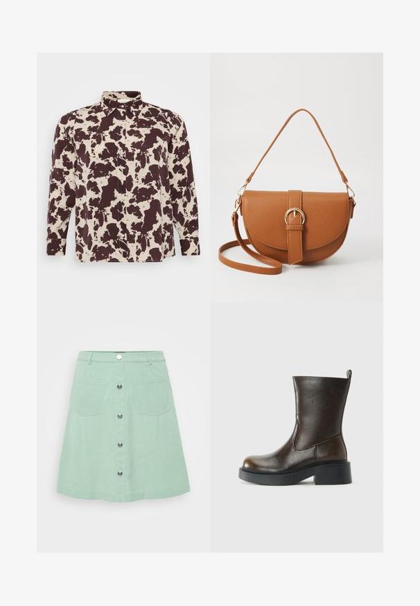 Camisa com padrão castanho e creme, de colarinho e mangas longas, com fecho de botão e textura de tecido suave.; Saia de denim verde menta com fecho de botão, dois bolsos frontais e um design evasé. Tecido texturizado com detalhes de costura visíveis.; Bota de couro castanho escuro até à panturrilha, com bico arredondado, sola preta grossa, salto baixo e alça na parte de trás.; Bolsa transversal de couro castanho com um formato curvado, ferragens douradas e um detalhe de fivela. Inclui uma alça de ombro destacável.
