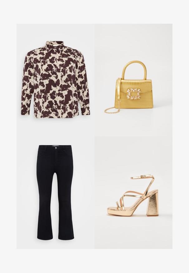 Brown and cream patterned shirt, collared with long sleeves, featuring button closure and a smooth fabric texture.; ONLY Carmakoma CARTHUNDER PUSH UP - Flared Jeans - black denim; Gold metallic high-heeled sandals with a square block heel, featuring crisscross straps and an adjustable ankle strap. Smooth texture.; Yellow faux-crocodile handbag with a structured design, top handle, detachable chain strap, and decorative crystal embellishment on the clasp.