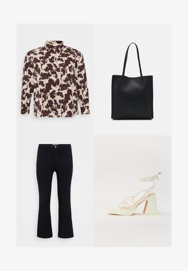Bruine en crèmekleurige shirt met patroon, met kraag en lange mouwen, voorzien van knoopsluiting en een gladde stofstructuur.; ONLY Carmakoma CARTHUNDER PUSH UP - Flared Jeans - black denim; Witte hoge hakken sandaal met een chunky hak, met een bandjesontwerp en enkelband. Gladde textuur met een plateau voor extra hoogte.; Zwarte leren handtas met een gladde textuur, rechthoekige vorm en twee lange handvaten. Geen zichtbare hardware of versieringen.
