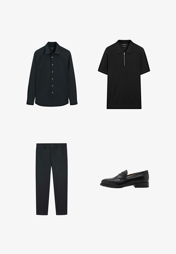 Black long-sleeve button-up shirt with collar, seven buttons down front, and cuffs, displayed on white background.; Black short-sleeve polo shirt with a stand collar and a front zipper. Made of a smooth fabric with a clean, minimalist design.; Black trousers with a straight leg design, made of smooth fabric. Features two front pockets and a button closure at the waist.; Black leather loafers with a stitched front and flat heel. Smooth texture with a rounded toe and a decorative strap across the instep.