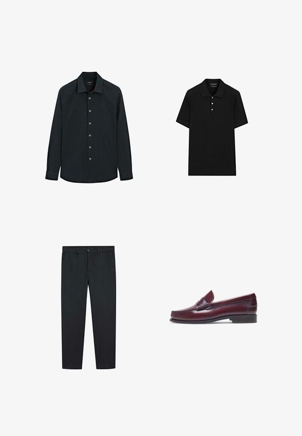 Schwarzes langärmliges Hemd mit Knopfverschluss und Kragen, sieben Knöpfe auf der Vorderseite und Manschetten, auf weißem Hintergrund präsentiert.; Schwarzes Polohemd mit gerippter Textur, kurzen Ärmeln, einem flachen Kragen und einer Drei-Knopf-Leiste. Einfaches und klassisches Design.; Schwarze Hosen mit geradem Bein Design, aus glattem Stoff gefertigt. Besitzt zwei Fronttaschen und einen Knopfverschluss in der Taille.; Burgunderfarbene Lederloafer mit abgerundeter Zehenform, gestickten Details und einem kleinen dekorativen Akzent auf dem Blatt. Flache, kontrastierende Sohle.