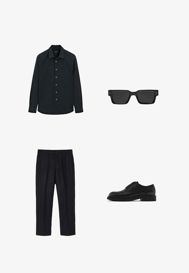 Zwarte overhemd met lange mouwen en knopen aan de voorkant, zeven knopen en manchetten, weergegeven op een witte achtergrond.; Zwarte linnenbroek met een getailleerde pasvorm, voorzien van een enkele voorste knoop, plooien en rechte pijpen. Gladde textuur met een lichte afwerking.; Zwarte leren nette schoen met een textuur, ronde neus, vijf oogjes voor veters en een stevige zwarte zool. Eenvoudig, recht design.; Zwarte rechthoekige zonnebril met donkere glazen, glanzend plastic montuur en kleine handtekeningaccenten op de pootjes. Platte profiel en scherpe hoeken.; Zwarte rechthoekige zonnebril met donkere glazen, glanzend plastic montuur en kleine handtekeningaccenten op de pootjes. Platte profiel en scherpe hoeken.