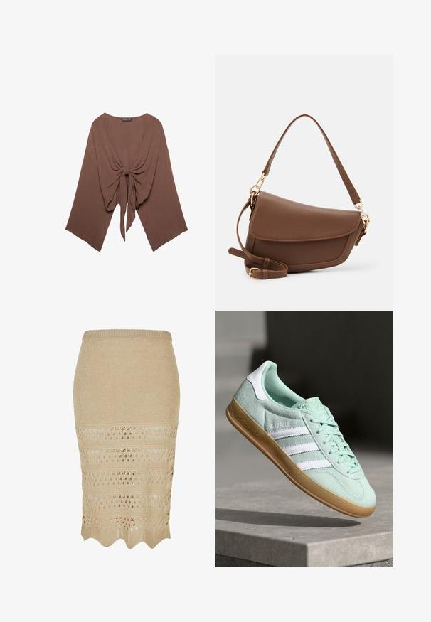 Brun, letvægts, struktureret bluse med løs pasform, brede ærmer og en forknude-detalje, der har en rund halsudskæring og draperet design.; Strikket beige blyantskirt med hæklede detaljer. Har en bølget kant og tekstureret stof, hvilket giver en tætsiddende silhuet.; Adidas Gazelle sneakers i mintgrønt ruskind med hvide accenter, snørebåndslukning og en sål i gummigummi. Har tre hvide striber.; Brun læder skuldertaske med en tekstureret overflade, buet form, guldfarvet hardware, justerbar rem og klaplukning.
