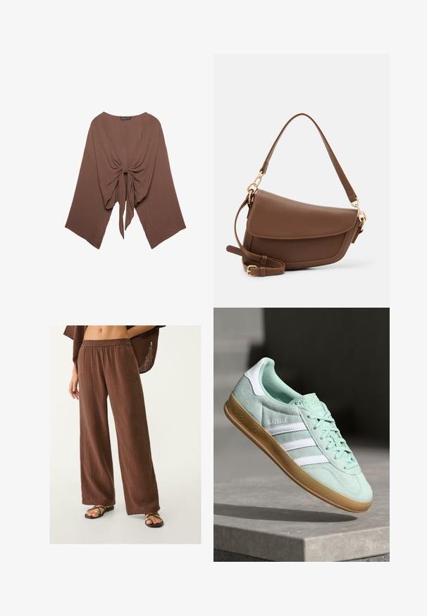 Ruskea, kevyt, pintakuvioitu paita, jossa on väljä mitoitus, leveät hihat ja edessä solmukohta, sekä pyöreä pääntie ja laskeutuva muotoilu.; Ruske leve-besne hlače iz teksturirane tkanine, z elastičnim pasom. V kombinaciji z ravnimi, trakastimi sandali.; Adidas Gazelle lenkkari mintunvihreässä kankaassa, jossa on valkoisia detaljeja, nauhakiristys ja kumipohja. Kuvassa on kolme valkoista raitaa.; Ruskea nahkainen olkalaukku, jossa on teksturoitu pinta, kaareva muoto, kultasävyinen metalliosat, säädettävä hihna ja läppäkiinnitys.