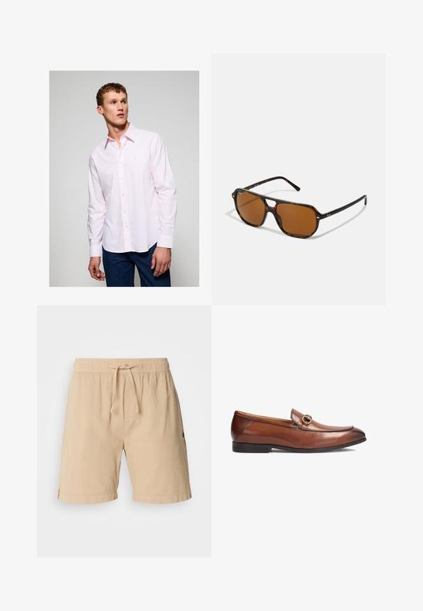 Light pink long-sleeve shirt with white stripes, button-up front, fold-down collar, and small embroidered logo on the chest.; Beige shorts made of cotton with an elastic waistband, drawstring closure, side pockets, and stitched hem details.; Brown leather loafers featuring a rounded toe, stitched detailing, and a decorative metal buckle accent on the front. Rubber sole.; Tortoiseshell sunglasses with brown lenses, rectangular shape, and metal accents on the frame. Sleek design with thin arms.; Burgundy patent leather crossbody bag with a rectangular shape, two straps, silver hardware, and a flap closure.; Rectangular rose gold watch with a white dial, minimalist hour markers, and a linked metal bracelet. Features a crown on the right side.