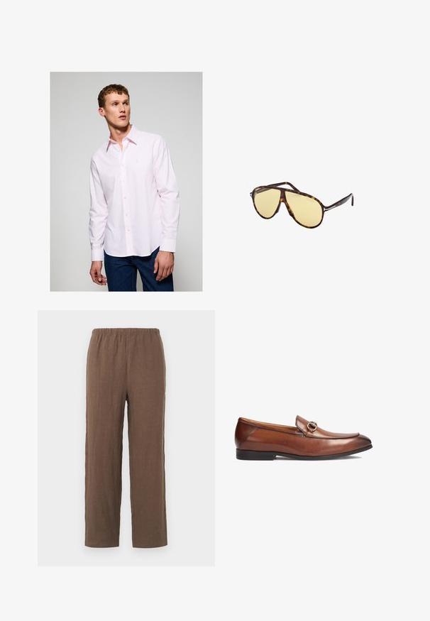 Light pink long-sleeve shirt with white stripes, button-up front, fold-down collar, and small embroidered logo on the chest.; Brown linen trousers with a relaxed fit, featuring a stretchy elastic waistband and straight legs, smooth texture, and minimal detailing.; Brown leather loafers featuring a rounded toe, stitched detailing, and a decorative metal buckle accent on the front. Rubber sole.; Tortoiseshell sunglasses with yellow lenses. Aviator shape with double bridge and metal accents. Smooth surface and sleek design.; Burgundy patent leather crossbody bag with a rectangular shape, two straps, silver hardware, and a flap closure.; Rectangular rose gold watch with a white dial, minimalist hour markers, and a linked metal bracelet. Features a crown on the right side.